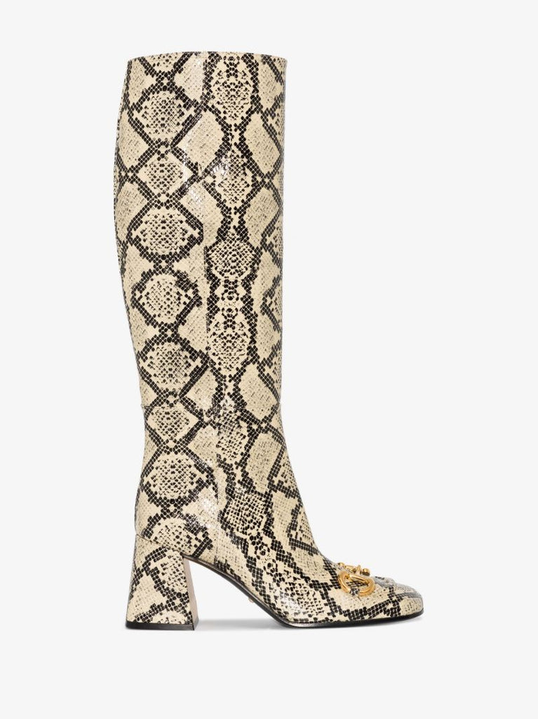 Neutral Horsebit Baby 75 Snake Print Knee-high Boots