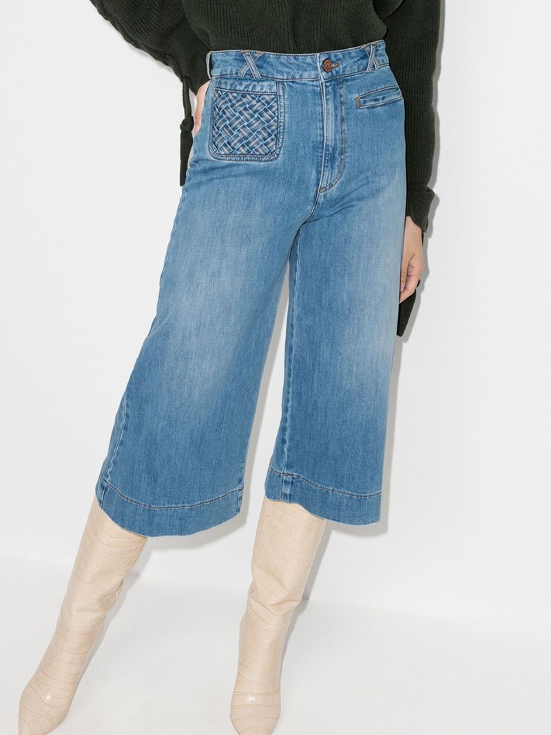 Lattice-pocket Wide-leg Cropped Jeans