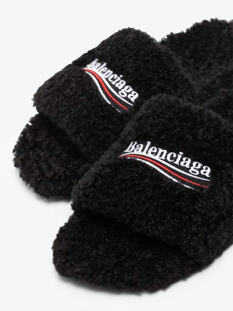 Black Faux Fur Slides