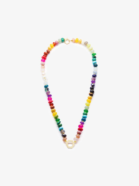 18k Yellow Gold Rainbow Gemstone Beaded Necklace