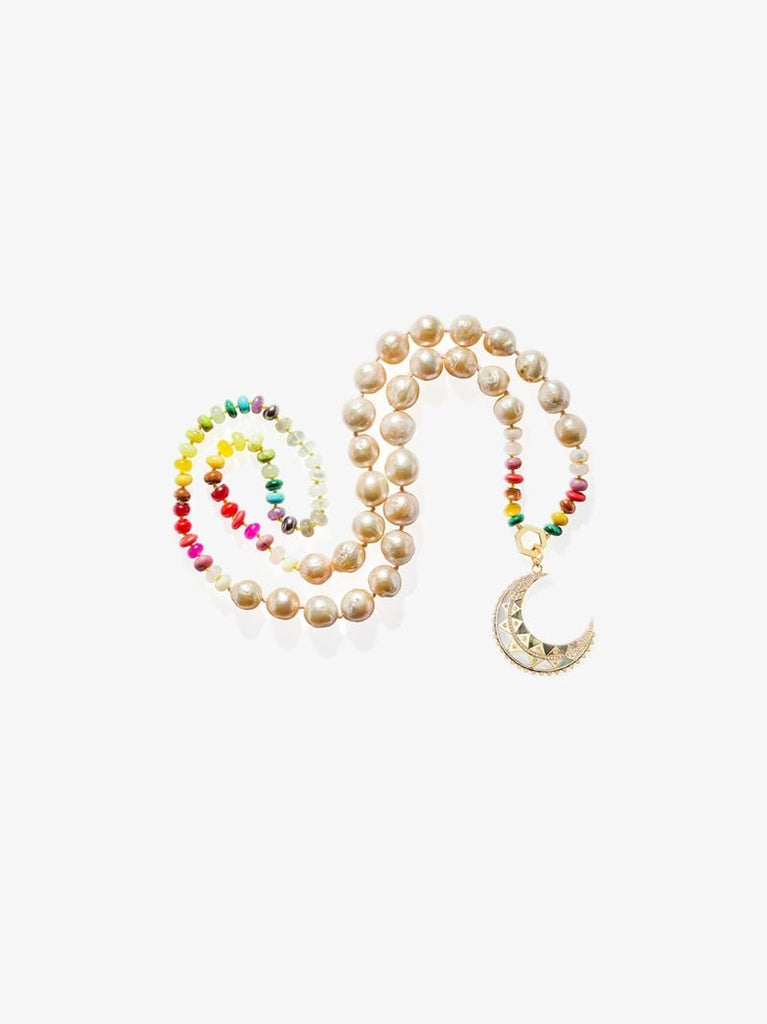 18k Yellow Gold Major Moon Diamond Pearl Necklace