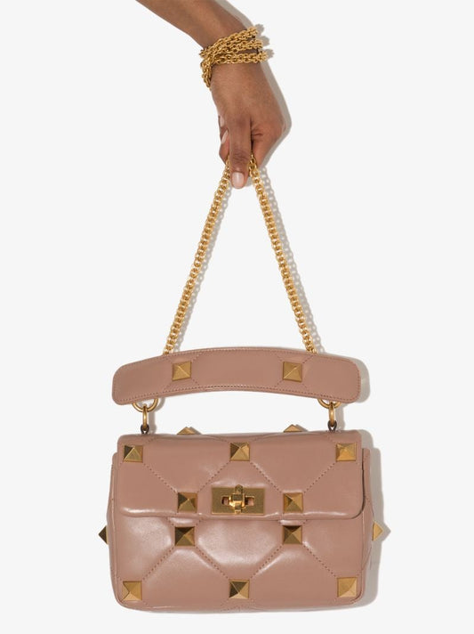Pink Roman Stud Medium Leather Shoulder Bag
