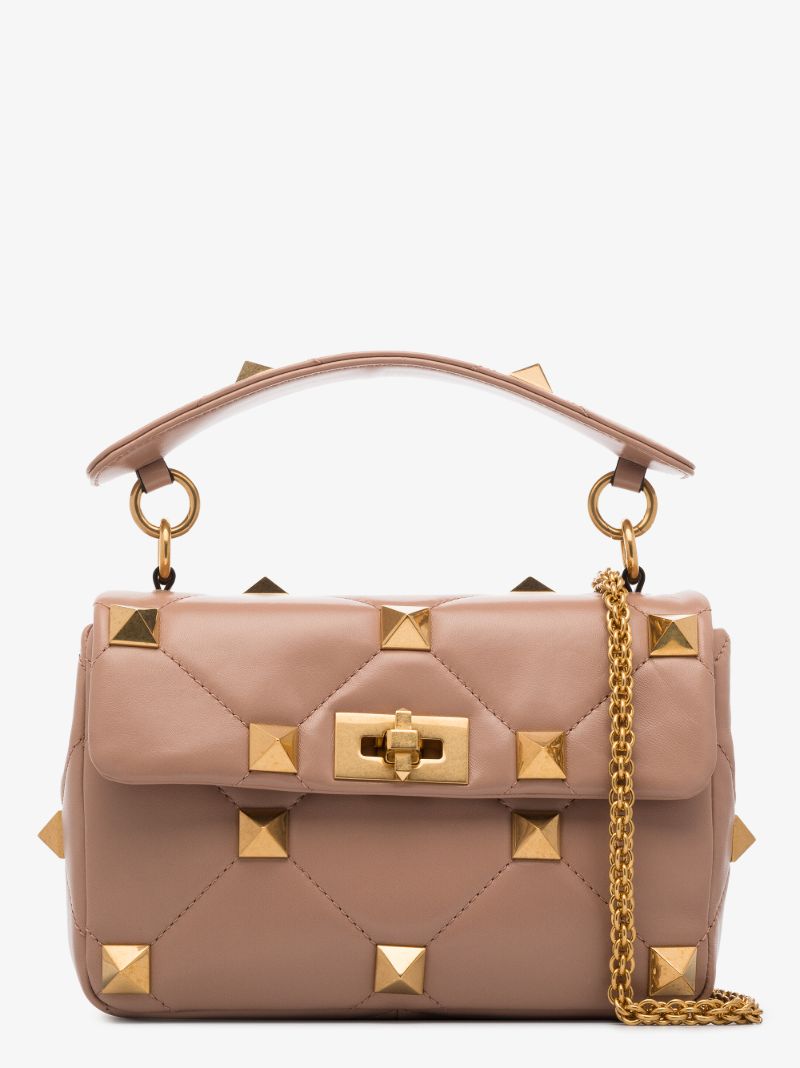 Pink Roman Stud Medium Leather Shoulder Bag