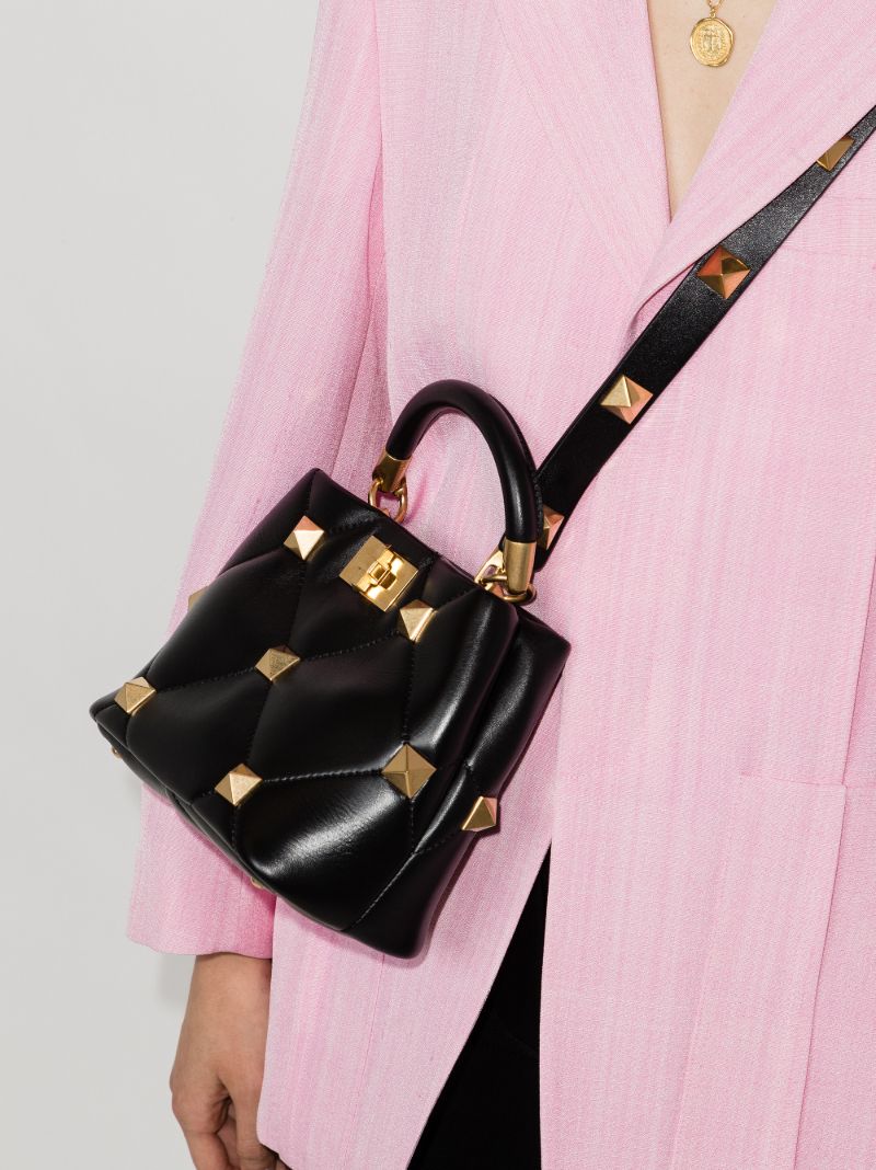 Black Roman Stud Small Leather Top Handle Bag