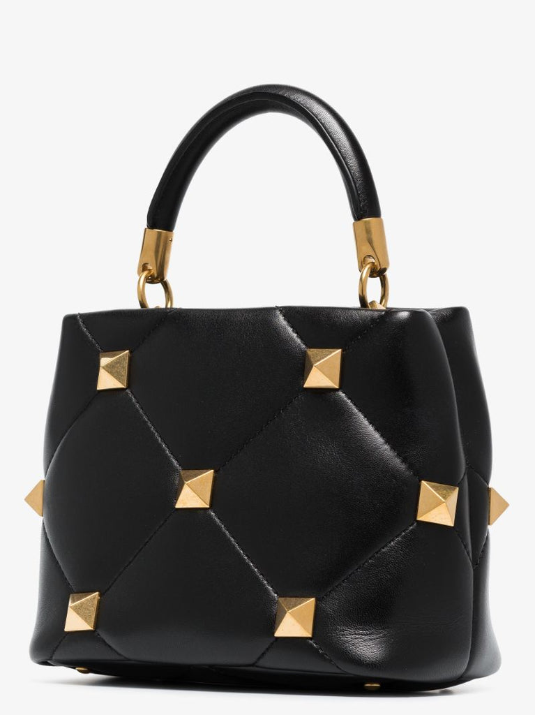 Black Roman Stud Small Leather Top Handle Bag