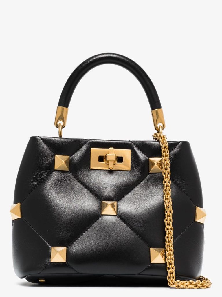 Black Roman Stud Small Leather Top Handle Bag