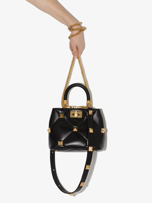 Black Roman Stud Small Leather Top Handle Bag