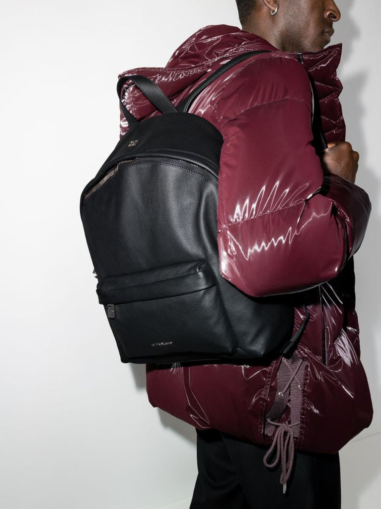 Black Double U Grained Leather Backpack