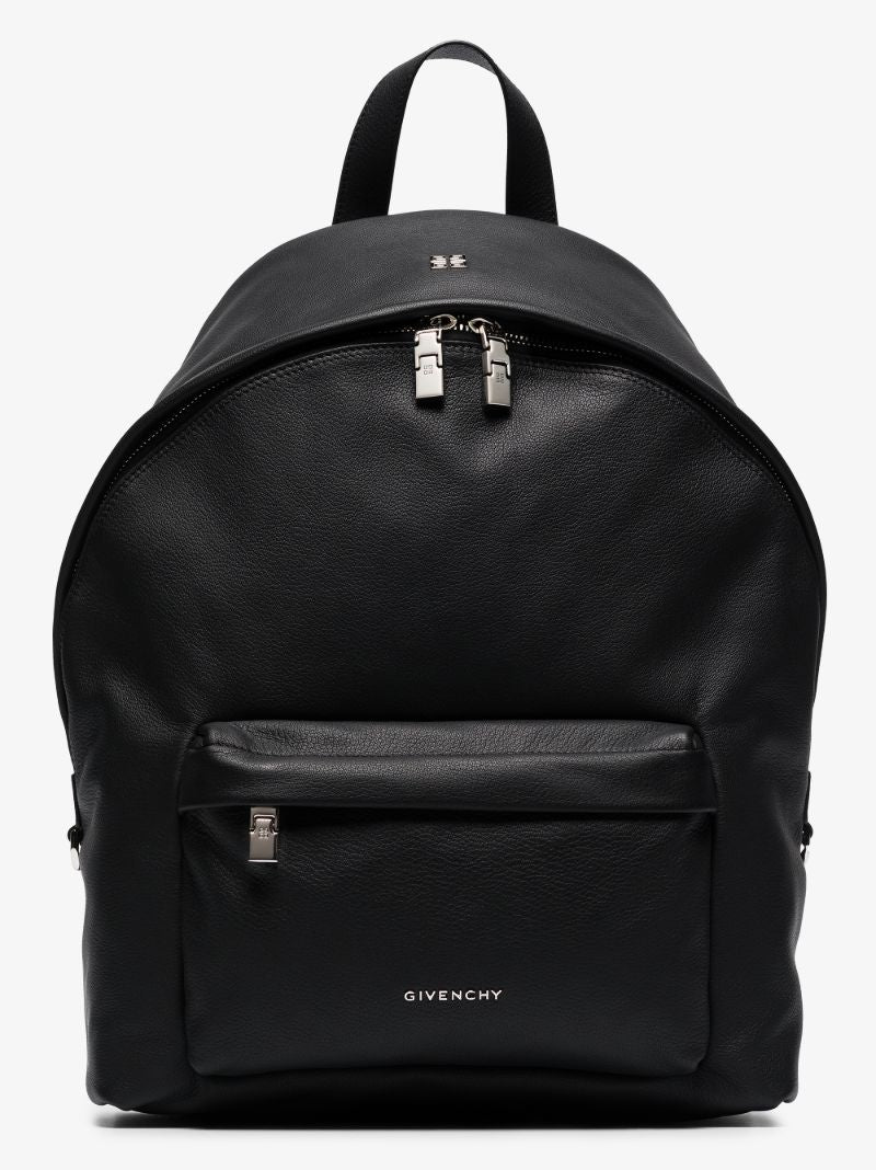 Black Double U Grained Leather Backpack