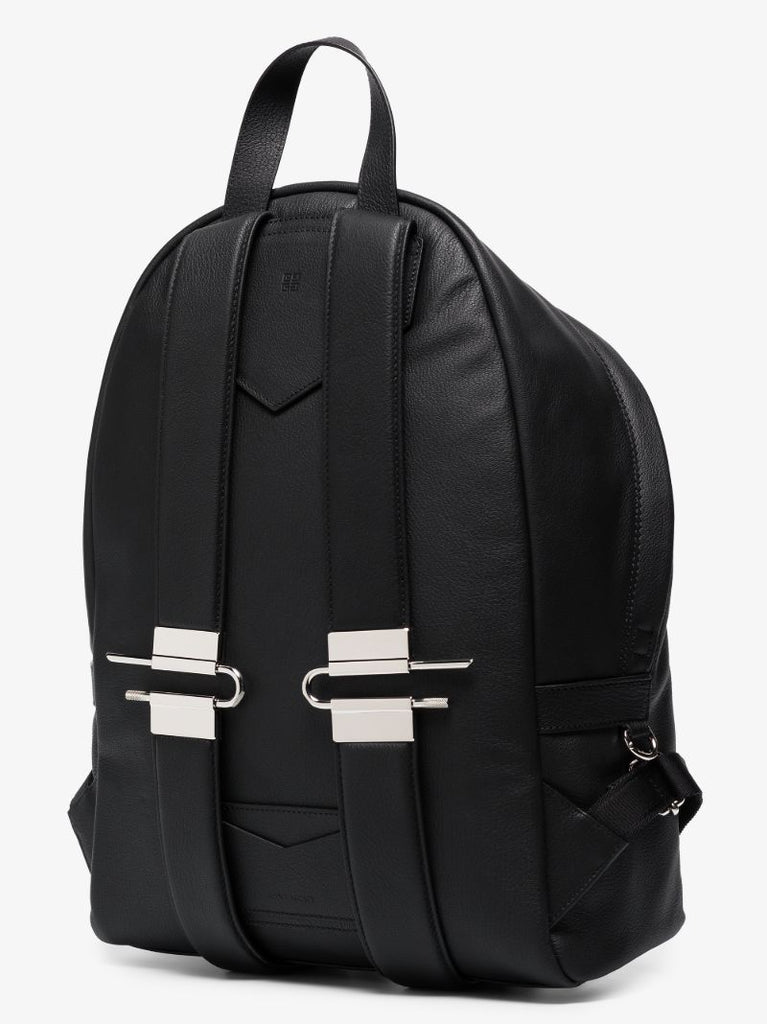 Black Double U Grained Leather Backpack
