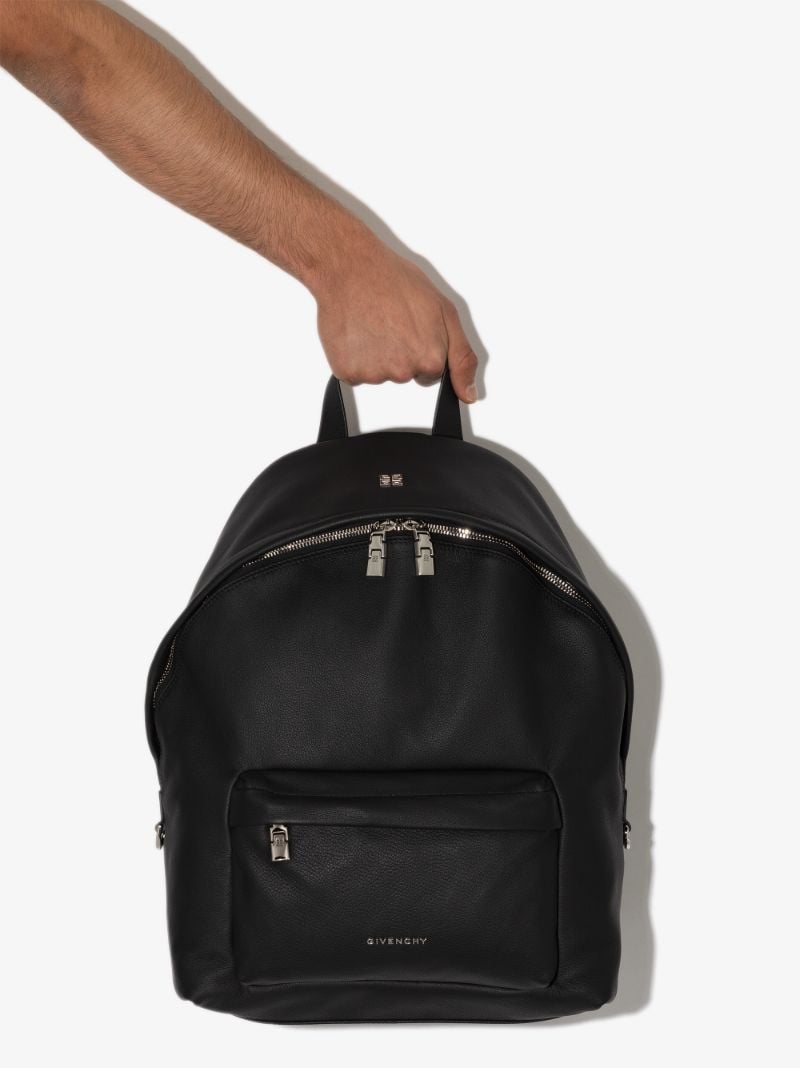 Black Double U Grained Leather Backpack