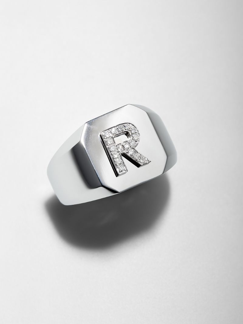 18k White Gold R Initial Diamond Ring