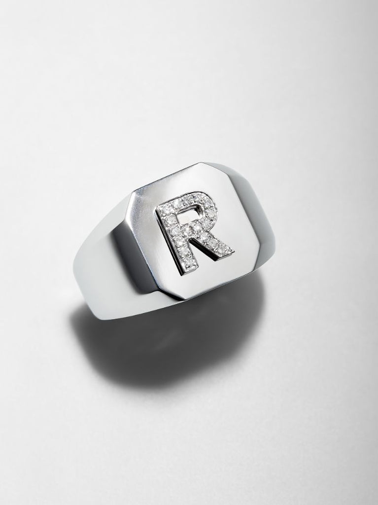 18k White Gold R Initial Diamond Ring