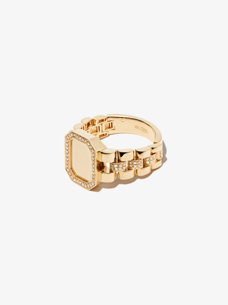 18k Yellow Gold Rail Link Diamond Signet Ring