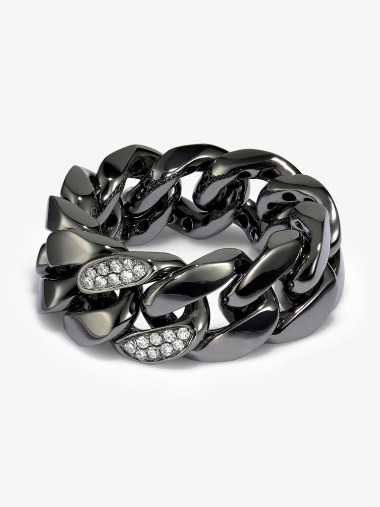 18k Black Gold Flat Link Diamond Ring