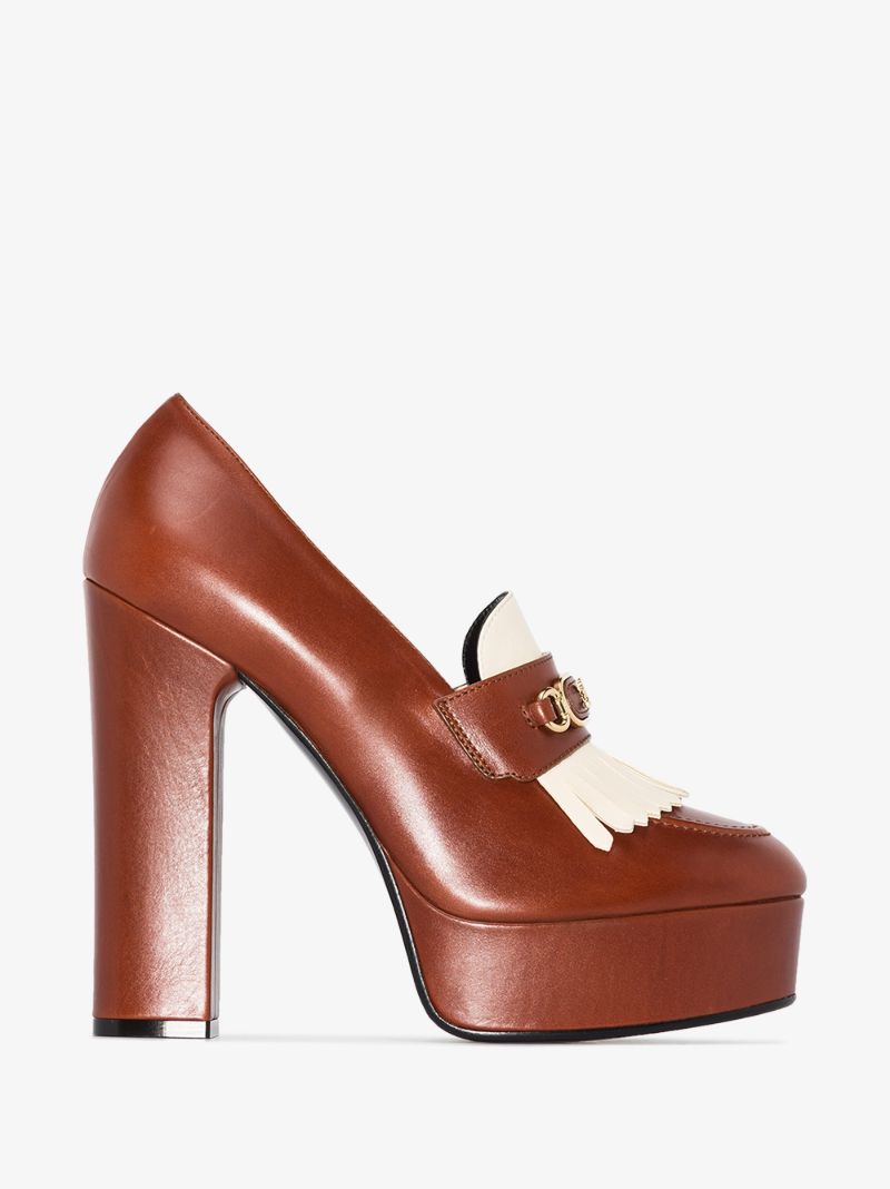 Brown 100 Fringed Leather Platform Pumps