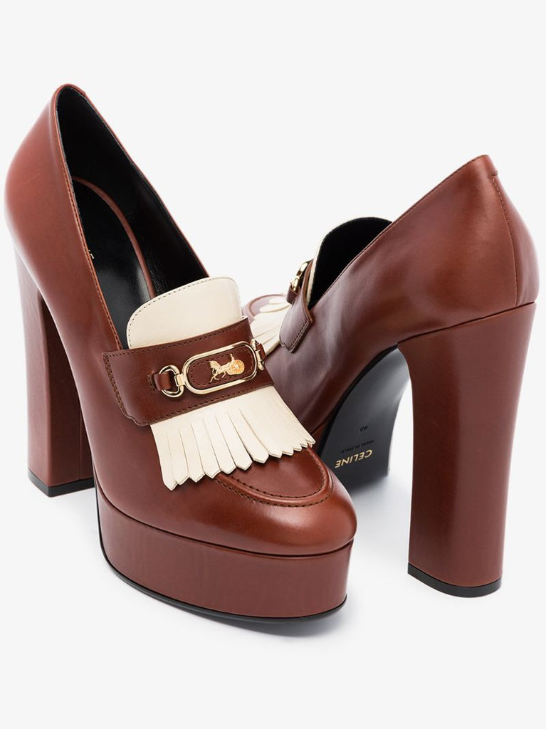 Brown 100 Fringed Leather Platform Pumps