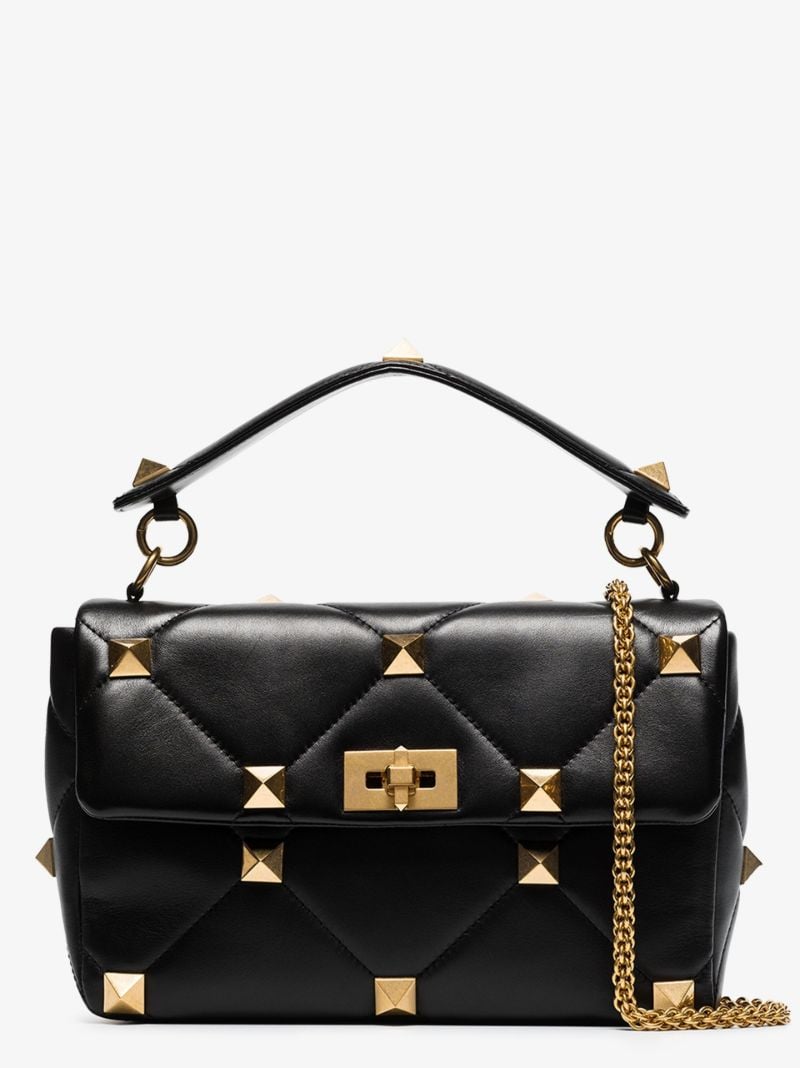Black Roman Stud Large Leather Shoulder Bag