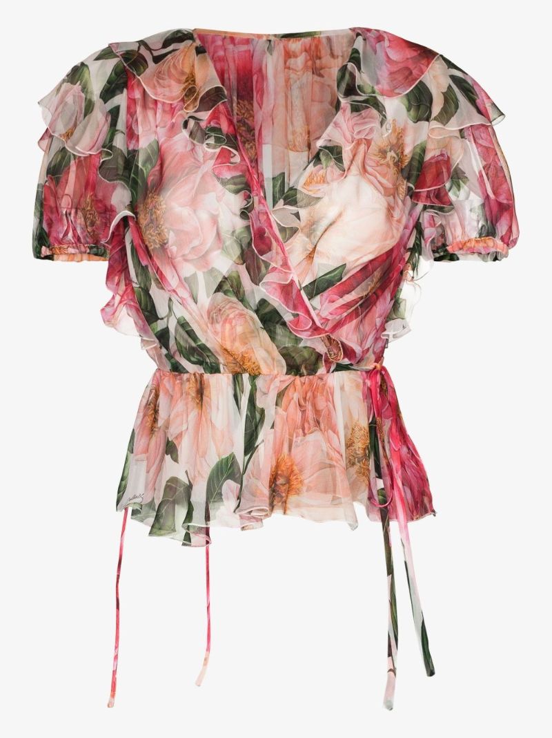 Ruffled Camellia-print V-neck Top