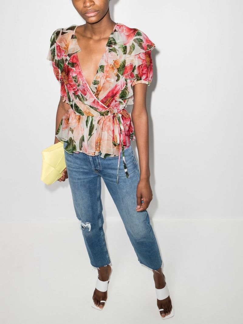 Ruffled Camellia-print V-neck Top