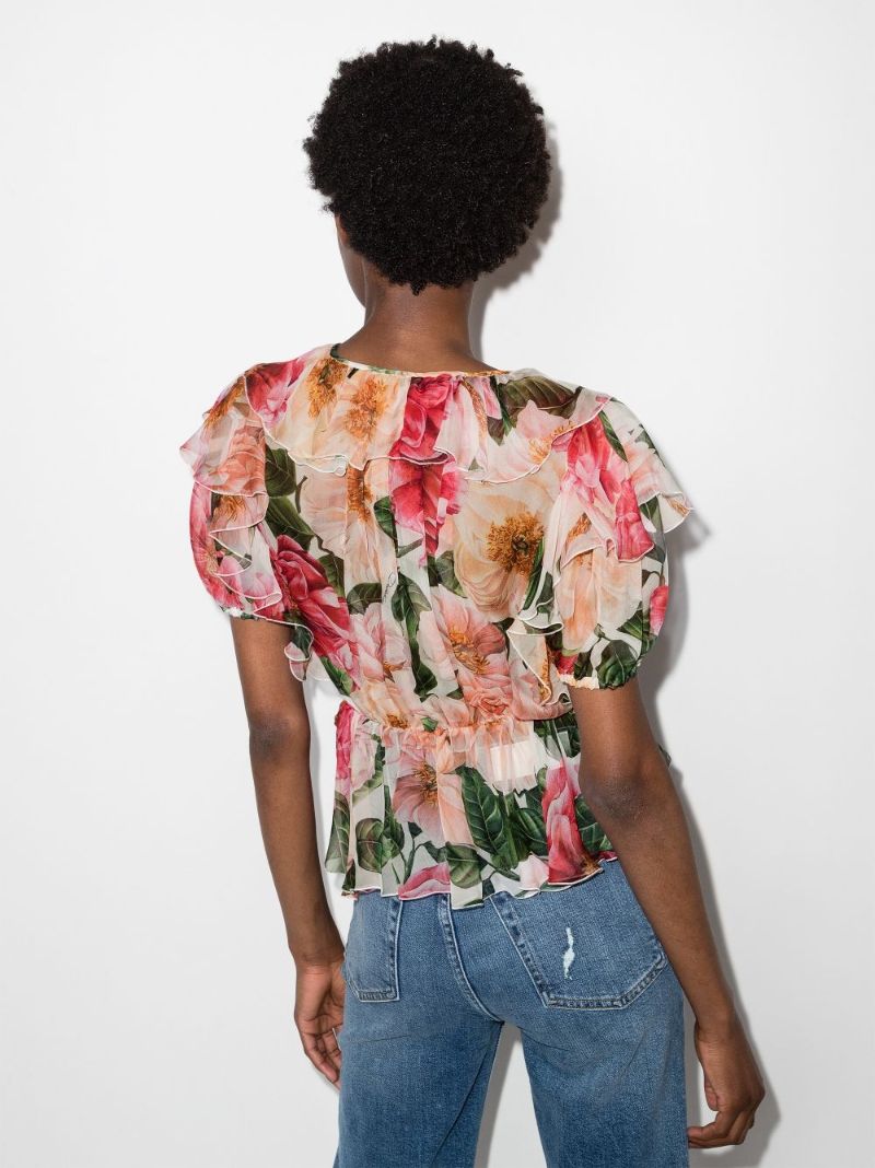 Ruffled Camellia-print V-neck Top