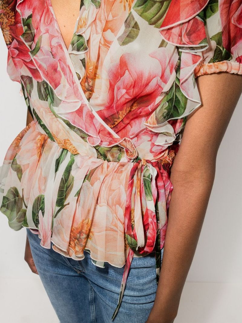 Ruffled Camellia-print V-neck Top