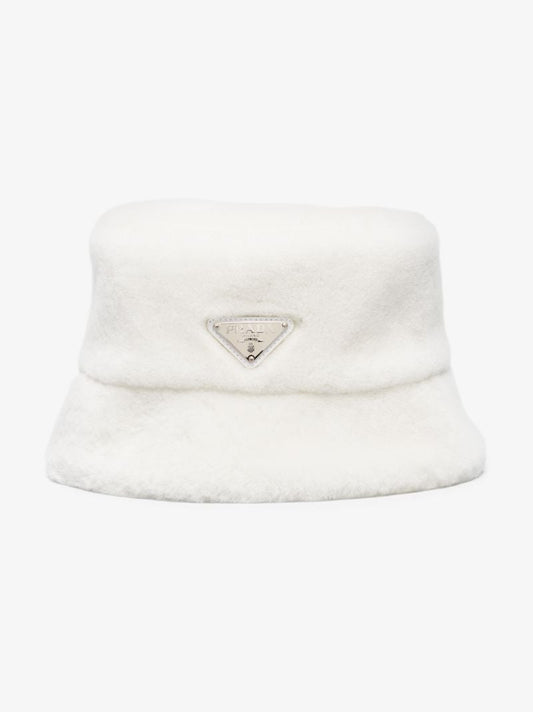 White Shearling Logo Bucket Hat