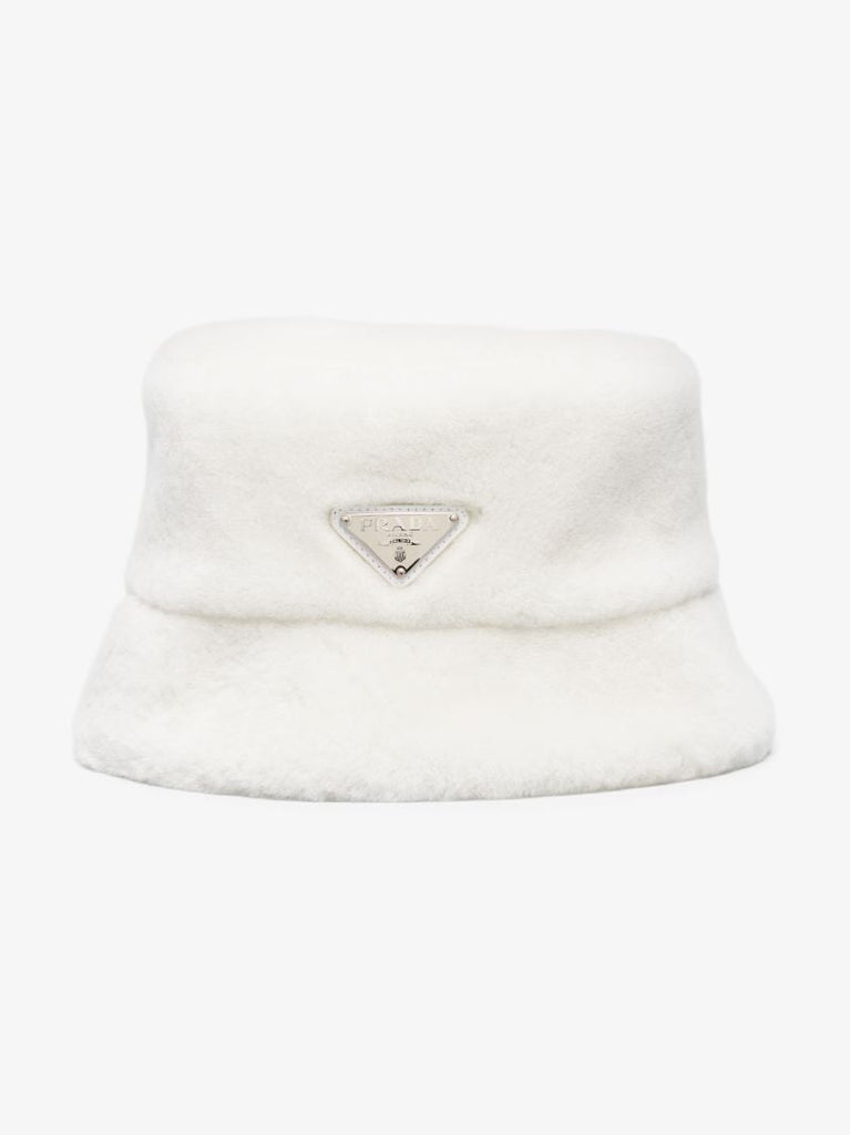White Shearling Logo Bucket Hat