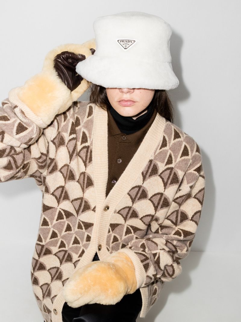 White Shearling Logo Bucket Hat