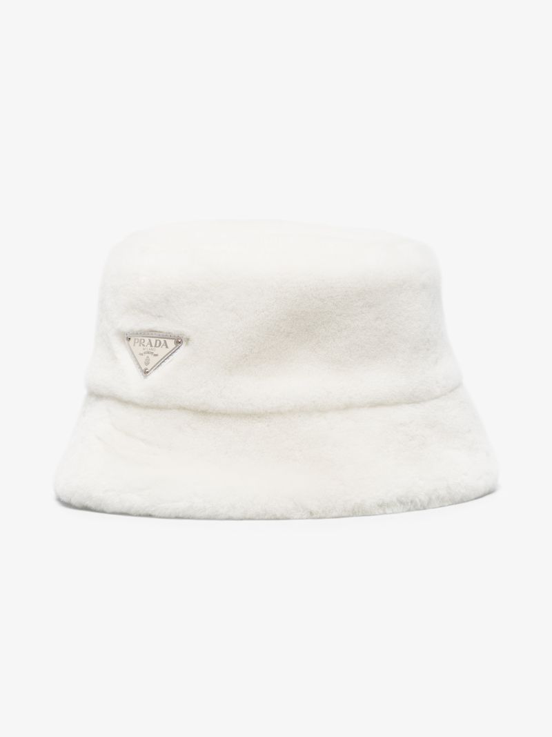 White Shearling Logo Bucket Hat