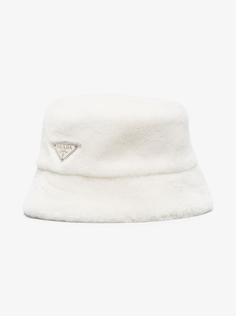 White Shearling Logo Bucket Hat
