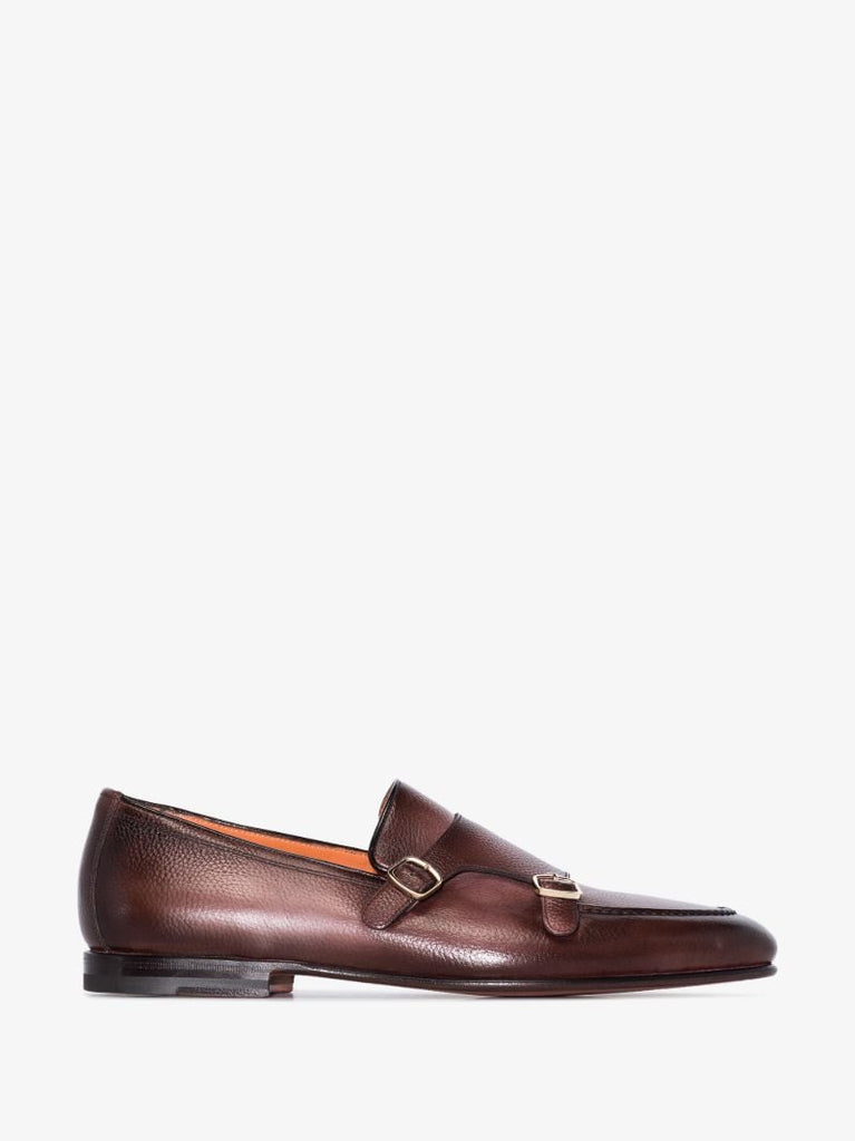 Brown Double Strap Leather Monk Shoes