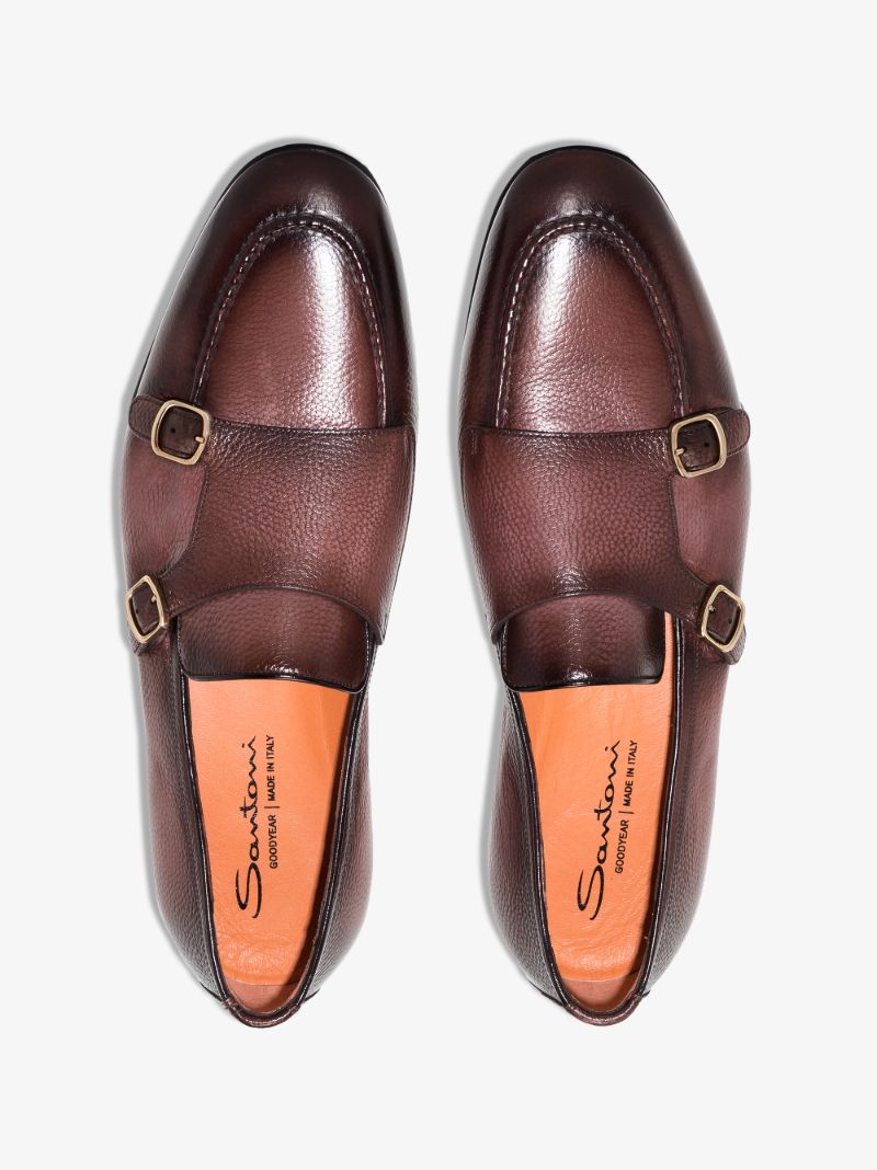 Brown Double Strap Leather Monk Shoes