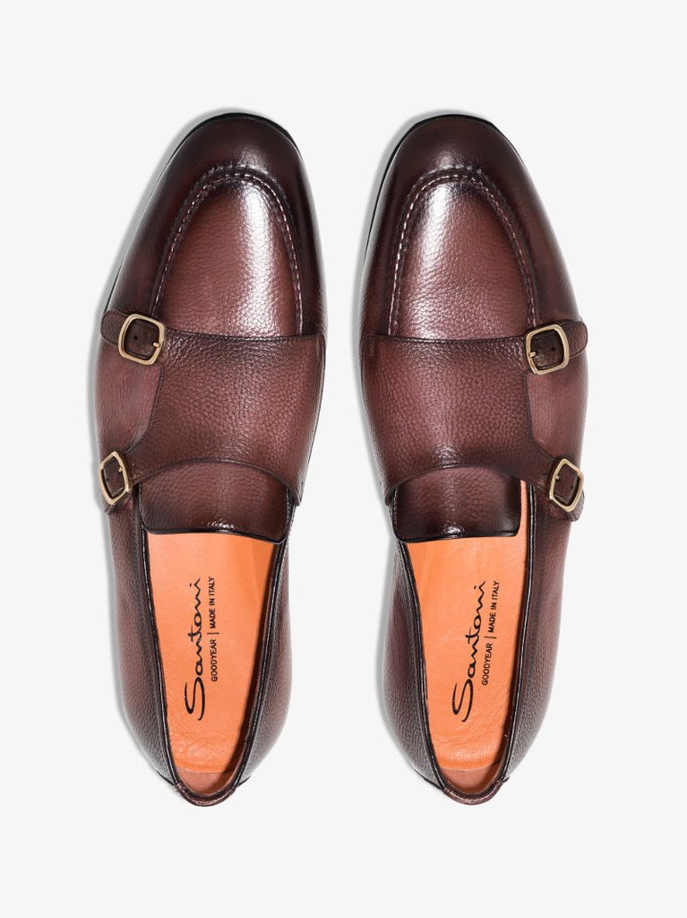 Brown Double Strap Leather Monk Shoes
