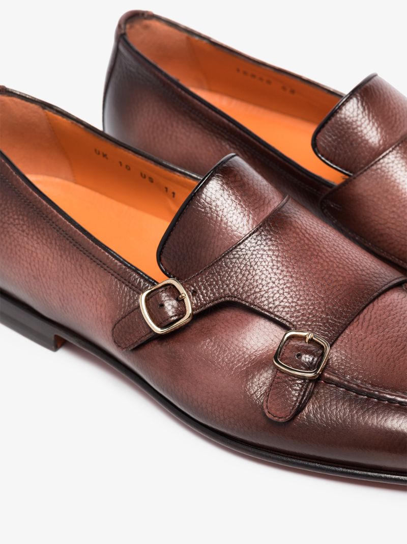 Brown Double Strap Leather Monk Shoes