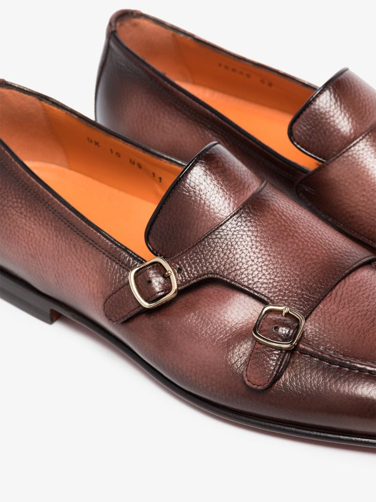 Brown Double Strap Leather Monk Shoes