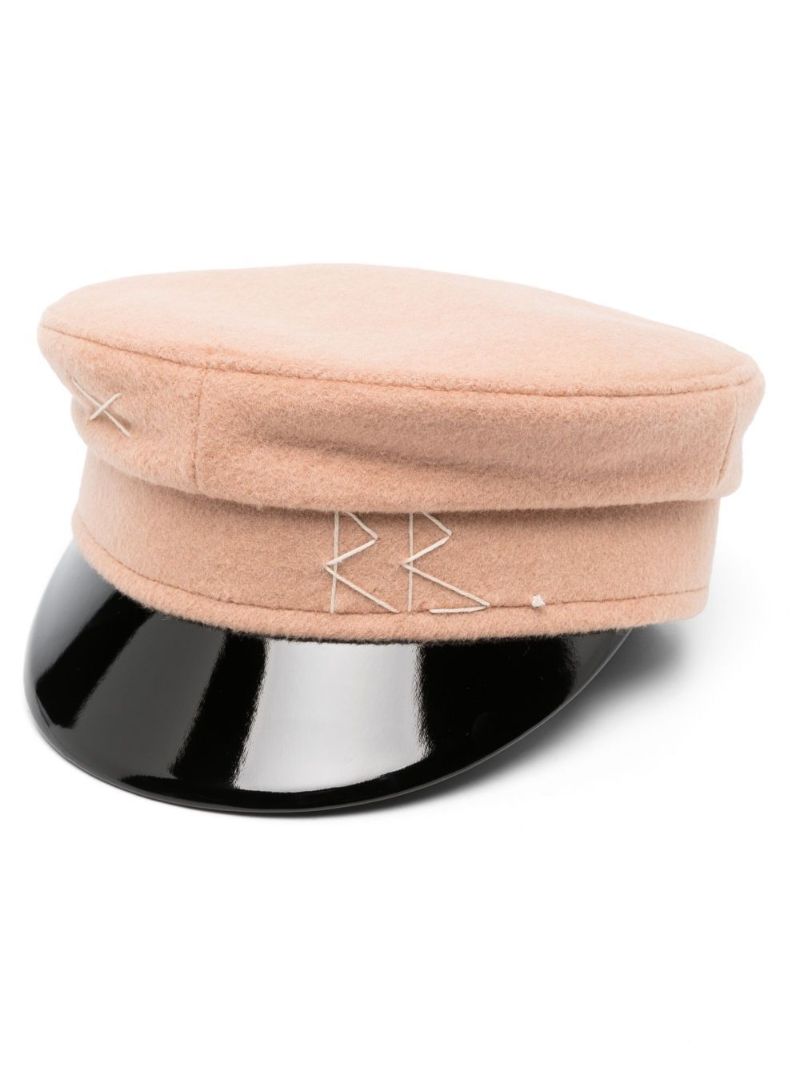 Neutral Monogram Embroidered Wool Baker Boy Hat