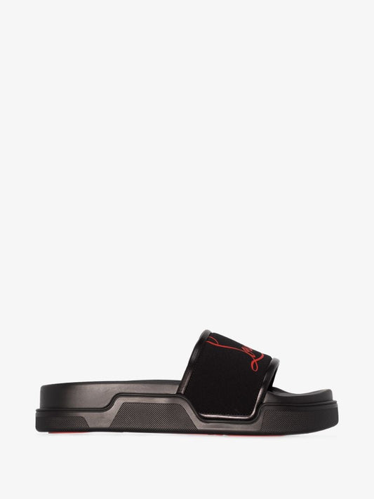 Black Pool Logo Leather Slides