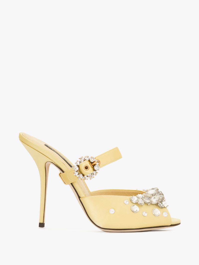 Yellow 105 Crystal Embellished Satin Mules