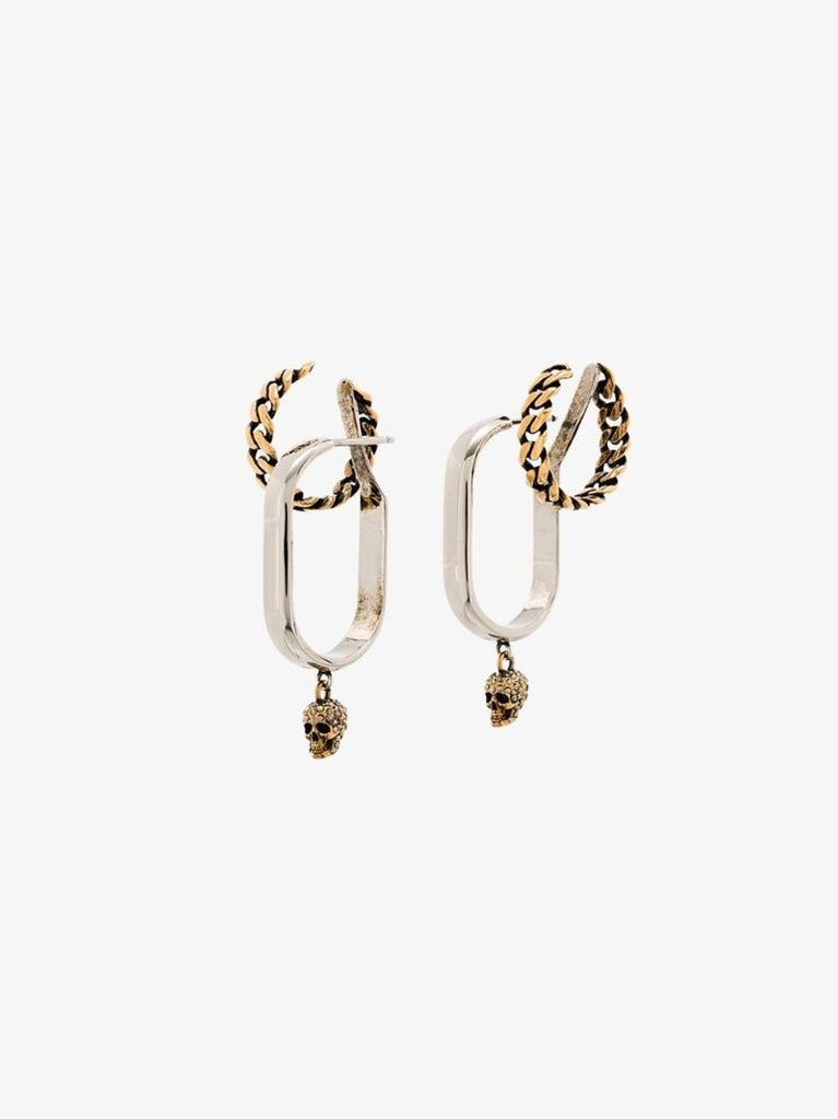 Silver and Gold Tone Chain Skull Earrings