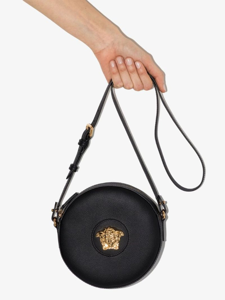 Black La Medusa Round Leather Cross Body Bag