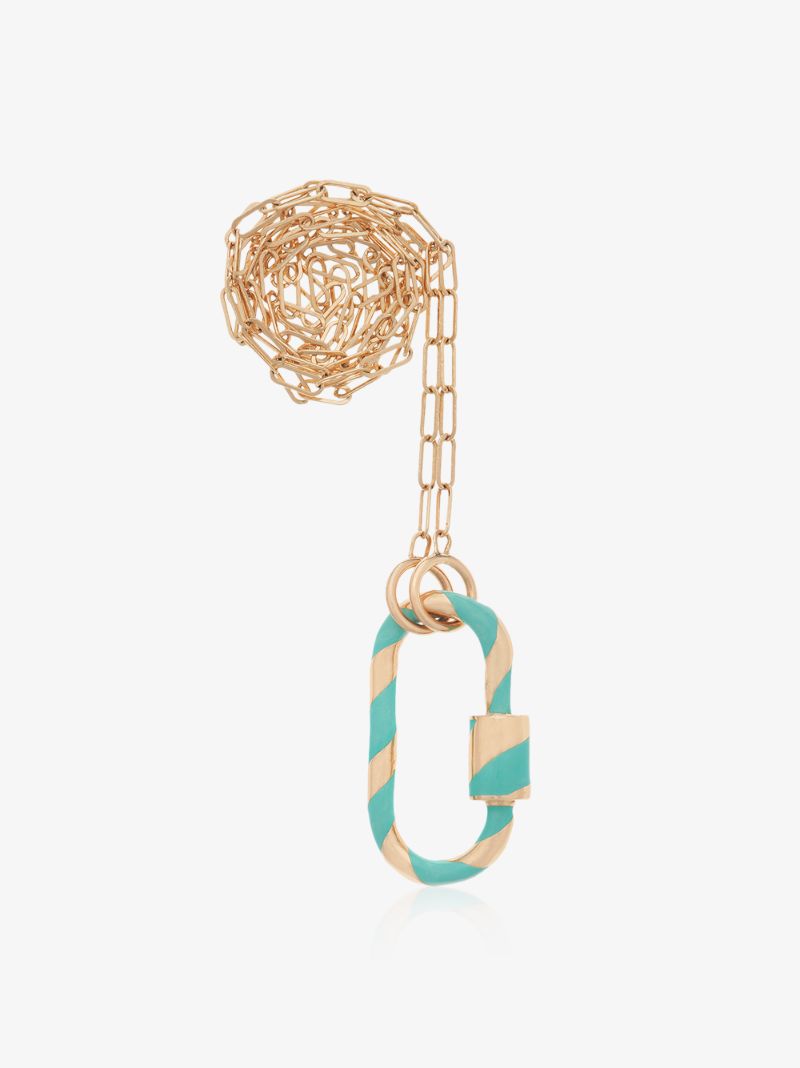 14k Yellow Gold Striped Turquoise Enamel Lock Chain Necklace