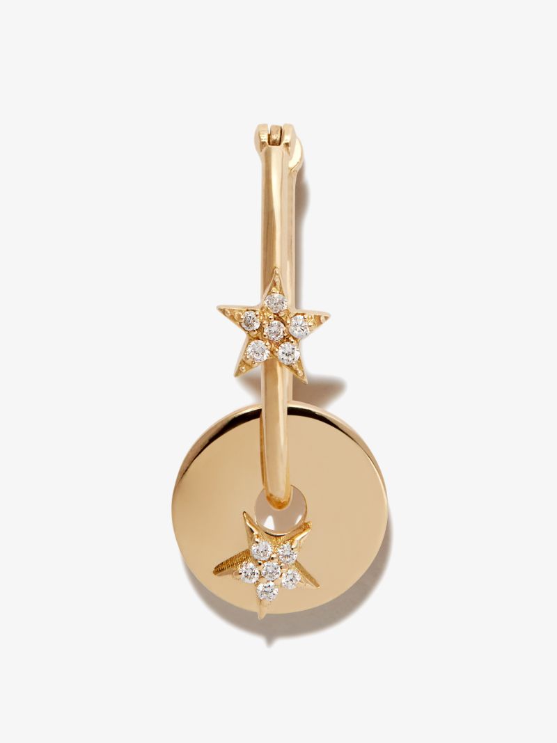 18k Yellow Gold Star Disc Diamond Hoop Earring