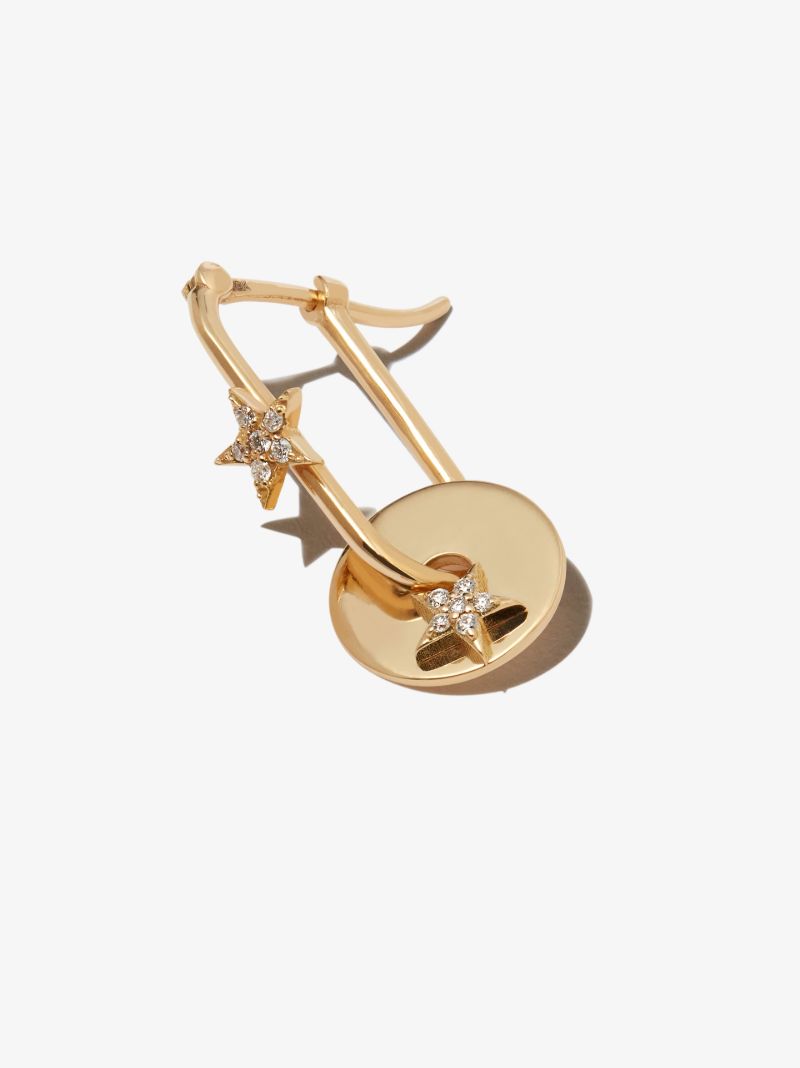 18k Yellow Gold Star Disc Diamond Hoop Earring