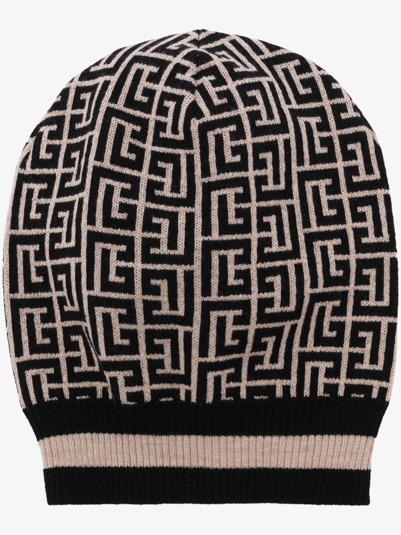 Black and Neutral Monogram Wool Beanie Hat