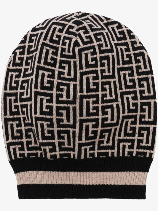 Black and Neutral Monogram Wool Beanie Hat