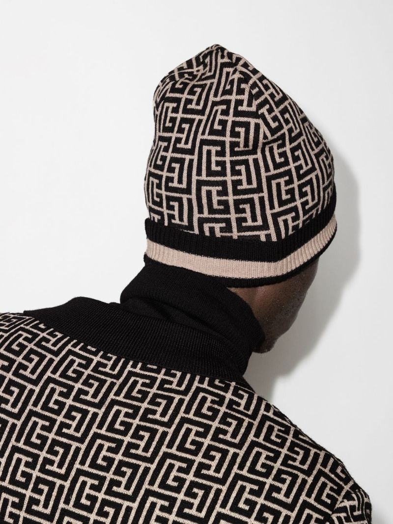 Black and Neutral Monogram Wool Beanie Hat