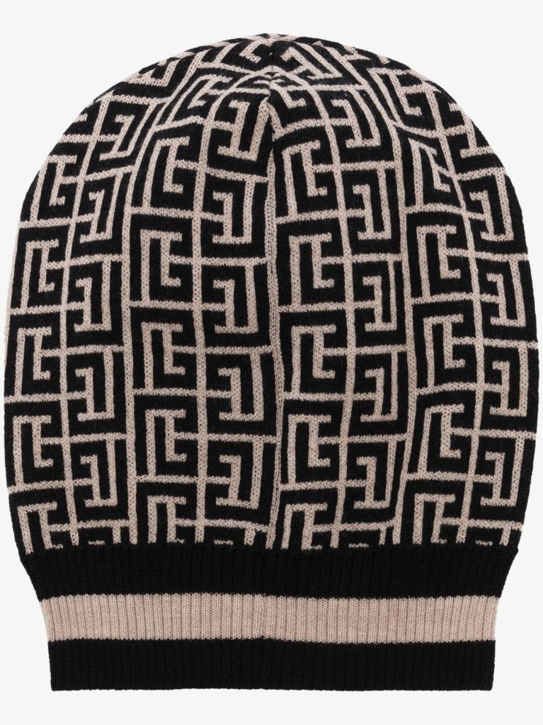 Black and Neutral Monogram Wool Beanie Hat