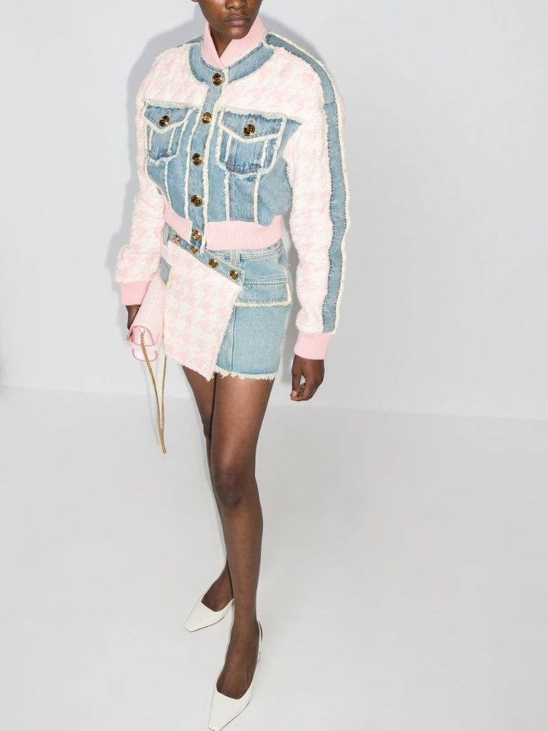 Tweed Panel Denim Mini Skirt