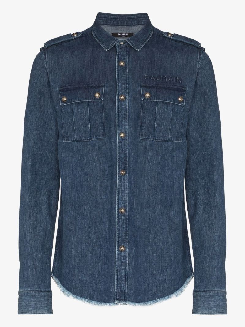 Embossed Raw Hem Denim Shirt